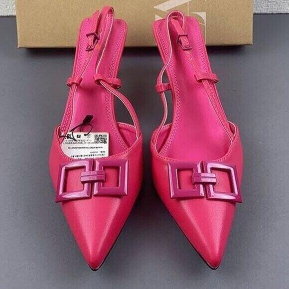 ZARA Leather Heels with Front Buckle NWT | Fuchsia Slingback Size 7.5 - Picture 11 of 16